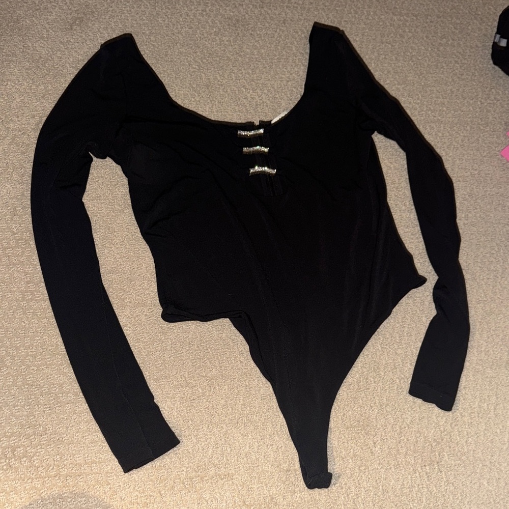 Alice and Olivia Black Long-Sleeve Scoop Neck Bodysuit with Decorative Accents